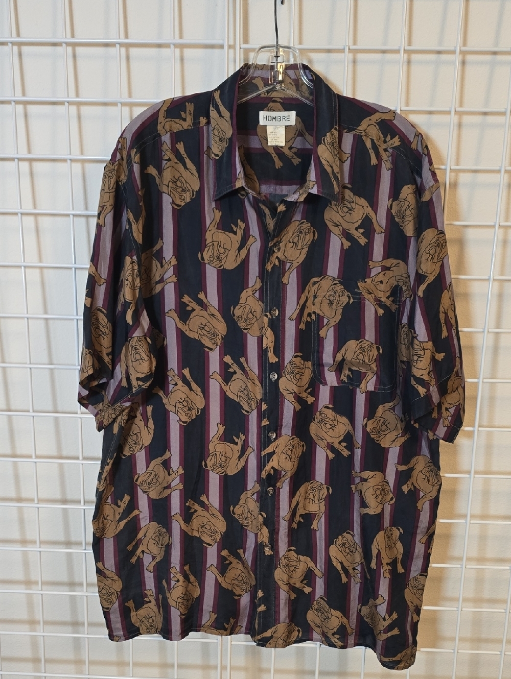Hombre Vintage Silk Blue, Red & Brown Bulldog-Print Button-Down Shirt Size XL